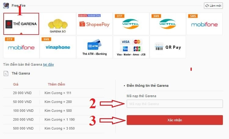 Nhập mã thẻ cào  hoặc thẻ điện tử game Free Fire nạp kim cương