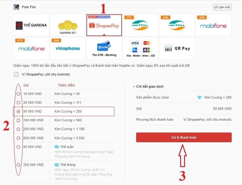Nạp thẻ game Free Fire qua Shopee Pay