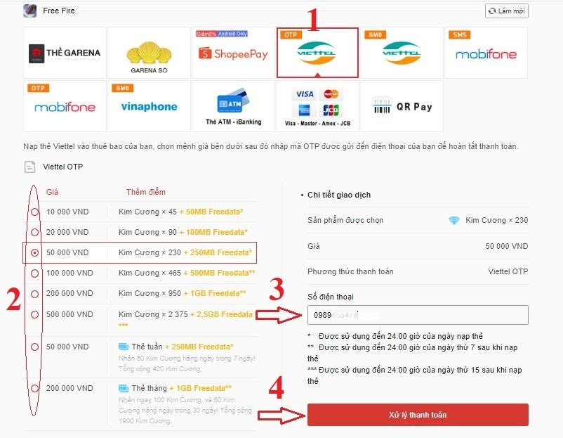 mua thẻ game Free Fire bằng Viettel OTP hoặc SMS