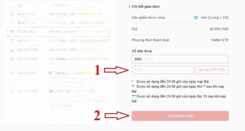Nhấn xử lý thanh toán hoàn tất nạp game Garena bằng Viettel SMS OTP
