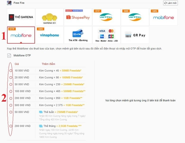 mua thẻ game Free Fire bằng Mobifone OTP hoặc SMS