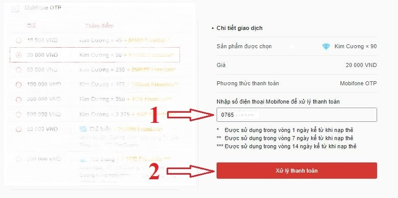 Nhập số điện thoại mobifone để nhận mã OTP xác thực thanh toán thẻ Free Fire