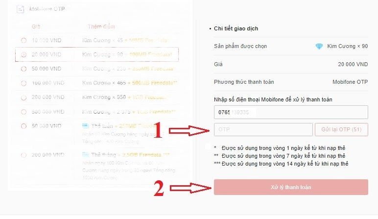 Nhập mã OTP Mobifone hoàn tất giao dịch mua thẻ game Free Fire Garena