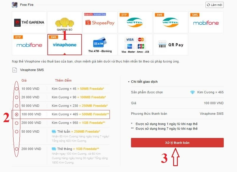 mua thẻ game Free Fire bằng Vinaphone SMS