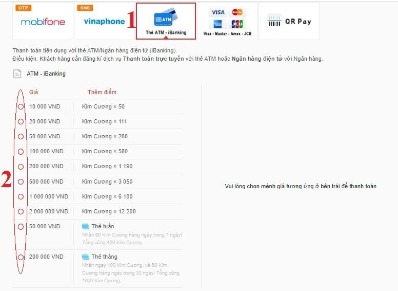Mua thẻ game Free Fire bằng tài khoản ngân hàng, thẻ ATM