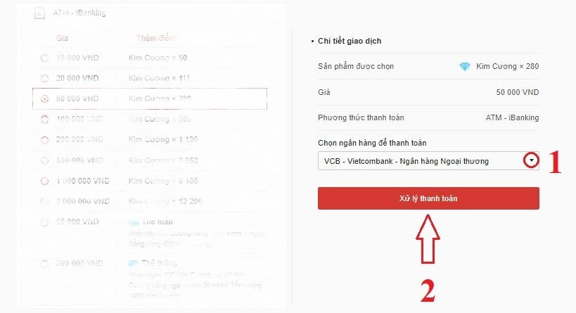Chọn ngân hàng mua thẻ game Free Fire và nhấn xử lý thanh toán