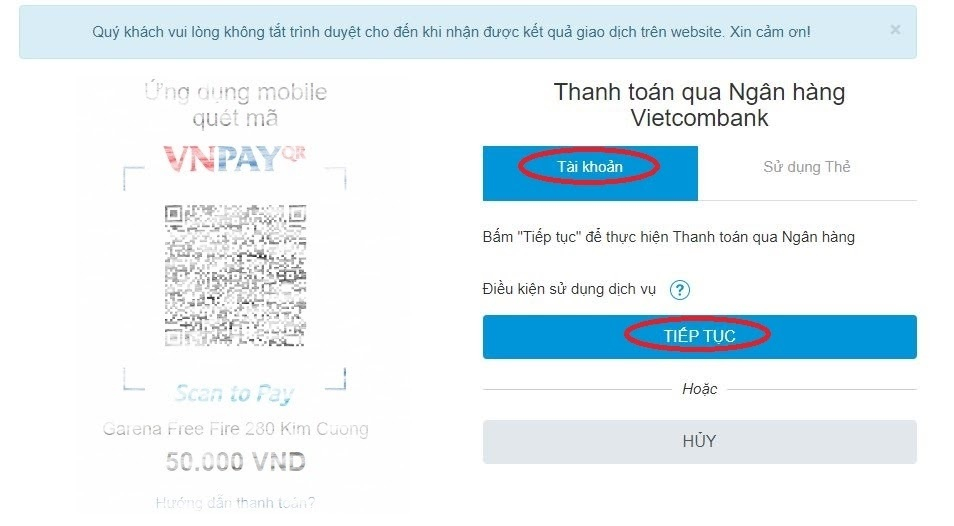 Đăng nhập tài khoản ngân hàng thanh toán thẻ Free Fire