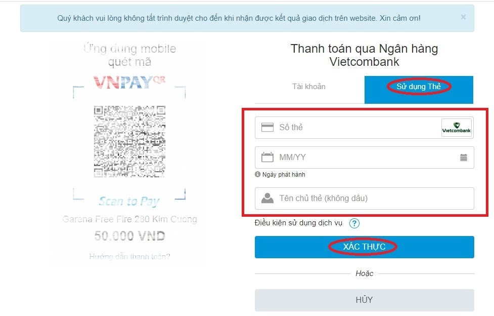 Đăng nhập số thẻ ATM để mua nạp kim cương Free Fire