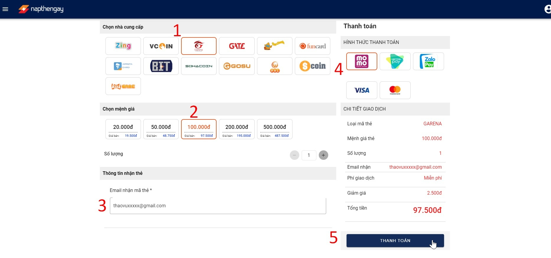 Mua thẻ game Garena Free Fire thanh toán bằng Momo trên napthengay.vn
